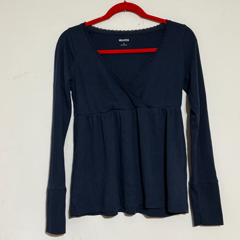Hollister Navy Blue Lace Babydoll Blouse Top Long Sleeve Smocked Waist Sz M Y2K